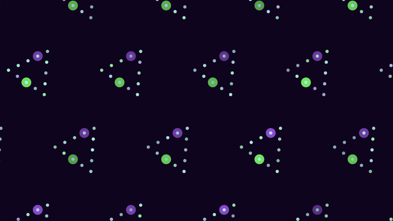 Seamless looping footage of colorful dotted triangle shapes moving across a dark background, ideal as a modern tech style backdrop for presentations, websites and motion graphics projects