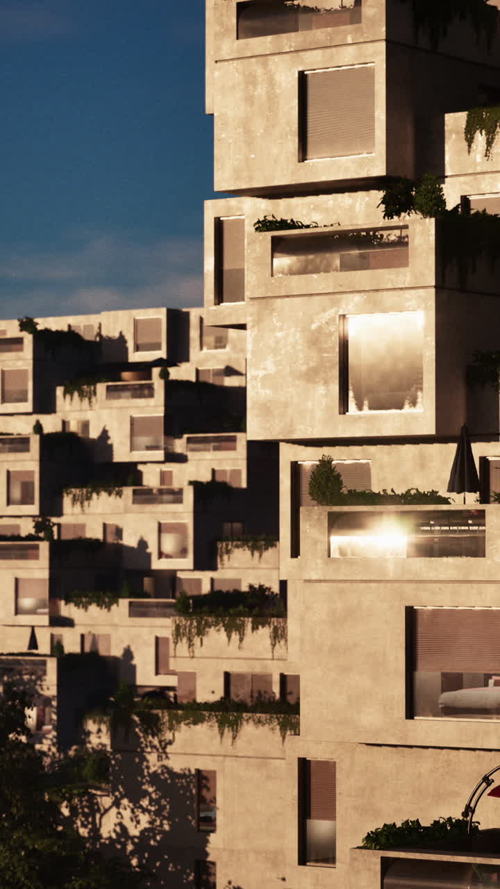 moderno edificio de apartamentos de hormigón con balcones y vegetación