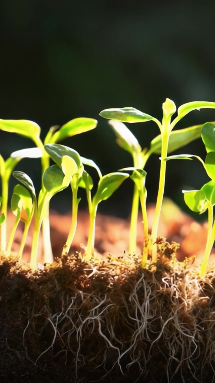 Ein Einblick in das Wachstum der Natur: Junge Setzlinge, die aus nährstoffreicher Erde sprießen, zeigen leuchtend grüne Blätter und komplexe Wurzelsysteme in sanftem Licht.