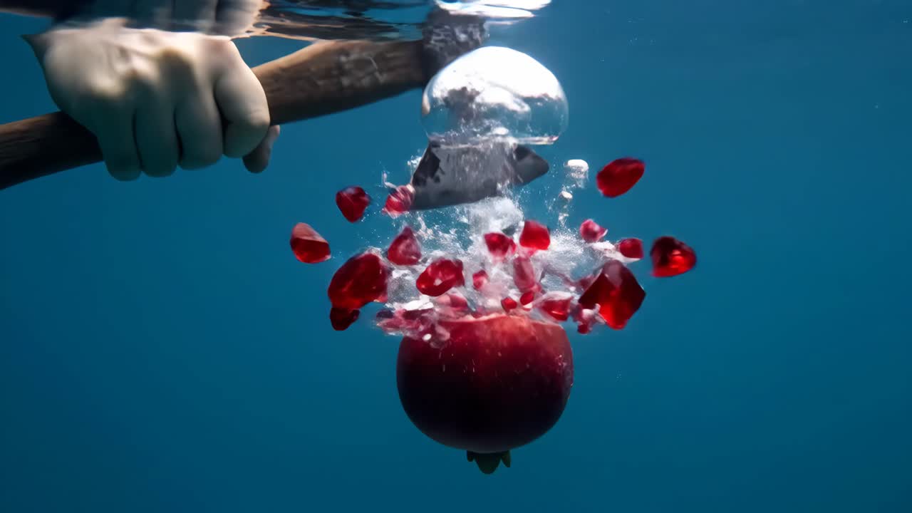 Pomegranate Sliced Underwater with an Axe