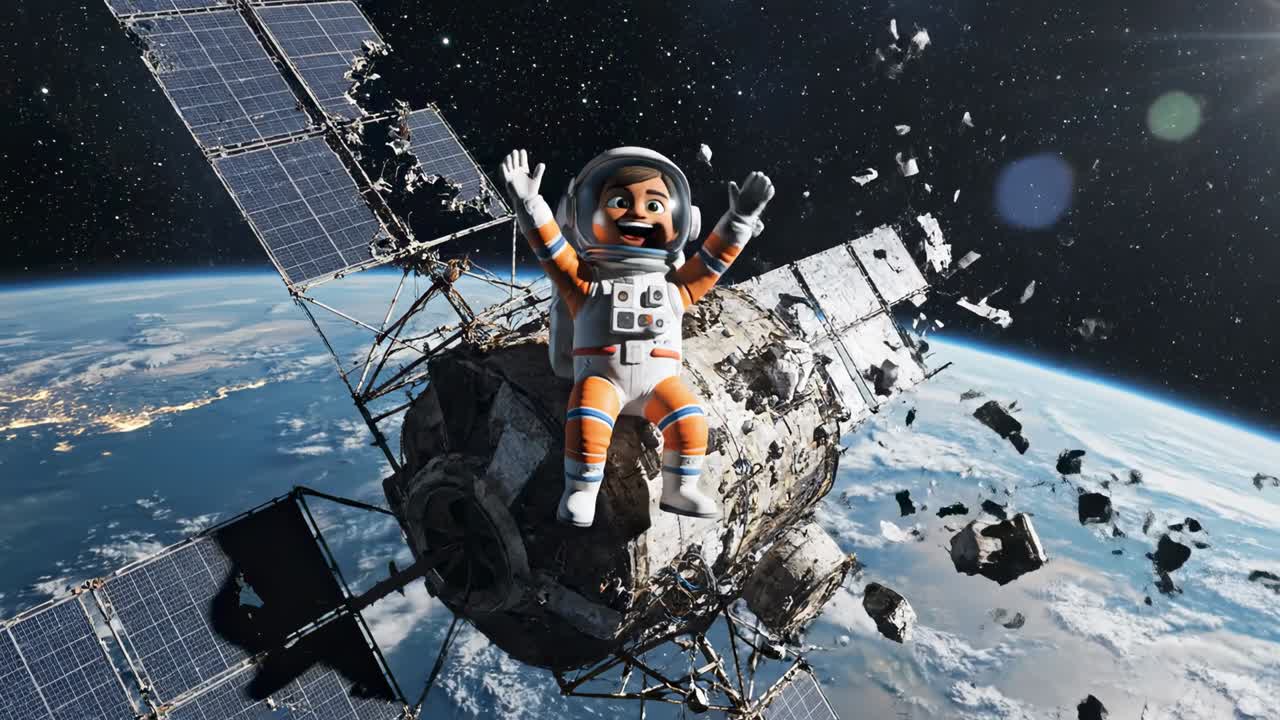 Happy Cartoon Astronaut on Satellite Orbiting Earth