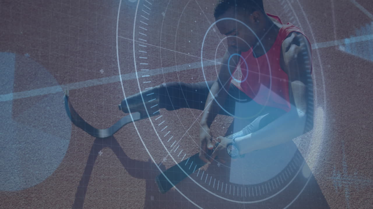 경주 트랙에서 달리기 블레이드를 가진 장애인 남성 운동 선수에 대한 데이터 처리 애니메이션