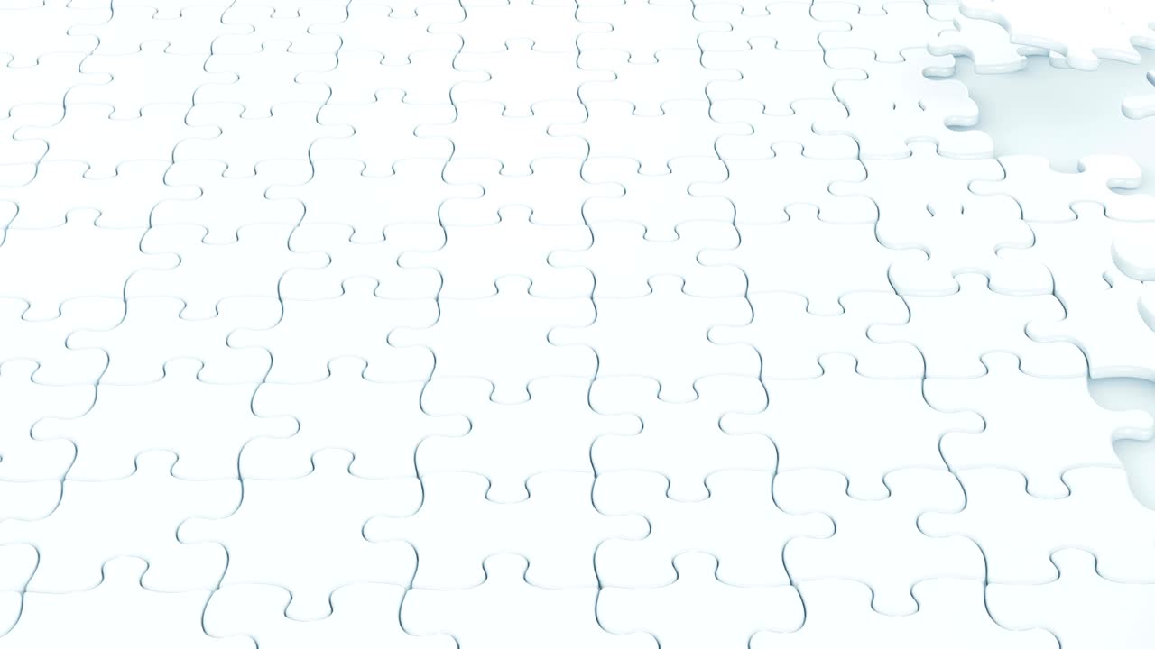 White Puzzle Pieces Falling Down From Left to Right on the Table 3d Animation. Useful for Transitions. Green Screen. Alpha Mask.