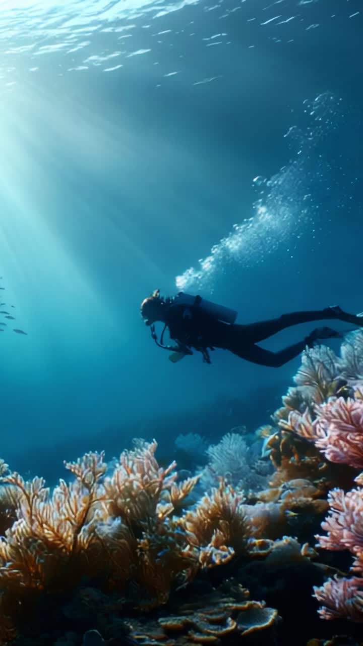 Exploring Underwater Life: A Diver Navigates Through Colorful Coral Reefs Surrounded by Schools of Fish in a Serene Ocean Environment