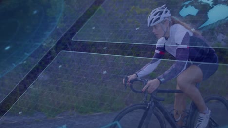 animation of data processing over caucasian woman cycling