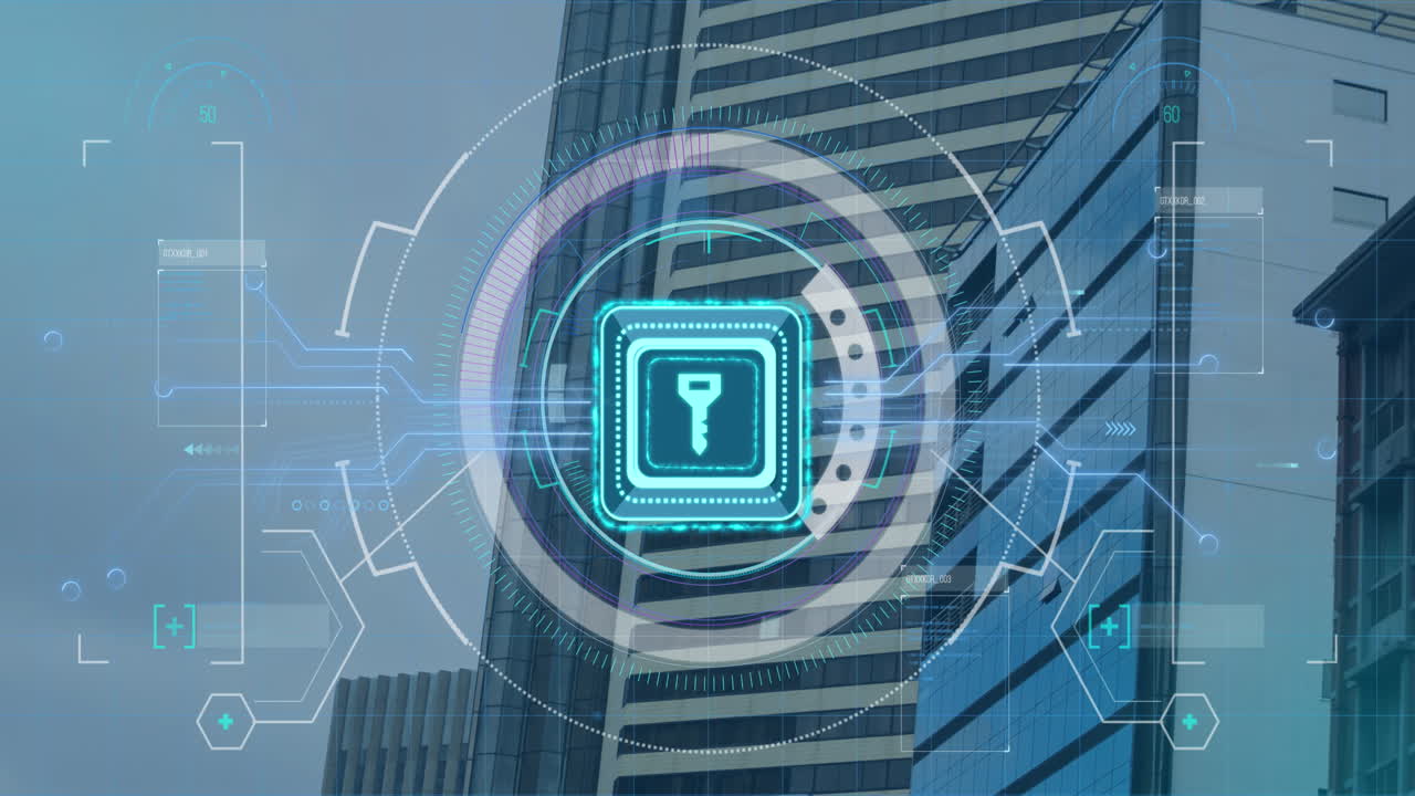 Animation of security key and data processing over modern building