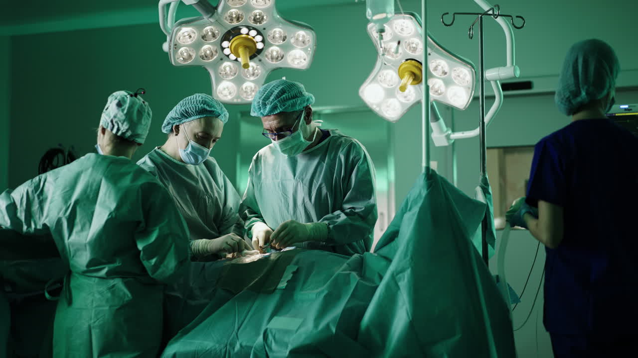 Surgery in progress with medical team in operating room