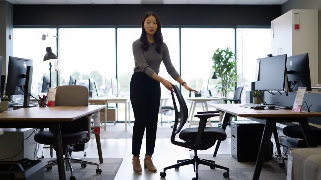 A Professional Setting: A Focused Individual Adjusts Their Office Chair Amidst a Modern Workspace Filled with Desks, Computers, and Natural Light