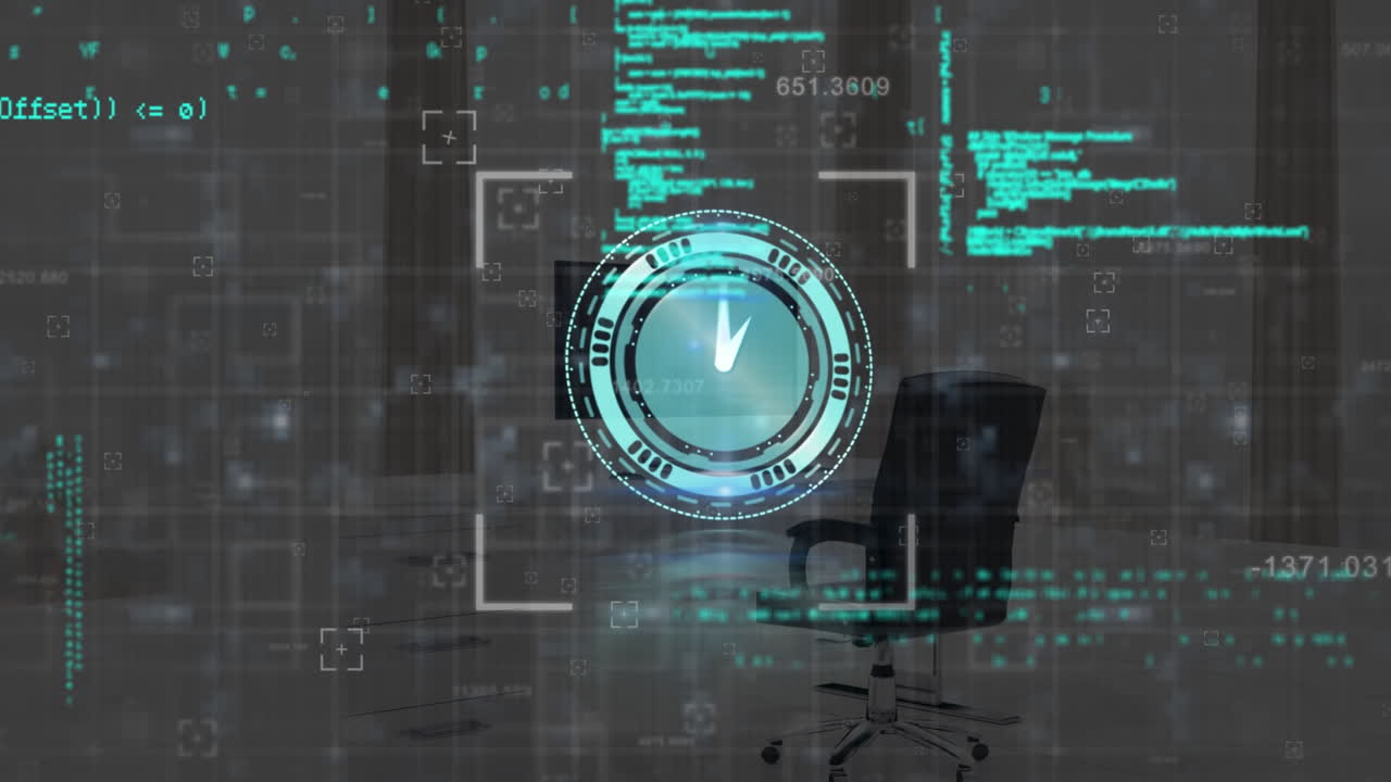 animación del procesamiento de datos y el reloj moviéndose por la oficina