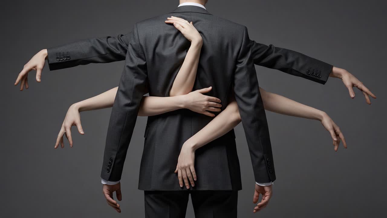 A captivating visual of a man in a suit, surrounded by multiple hands, representing themes of ambition, connection, and complexity in human relationships