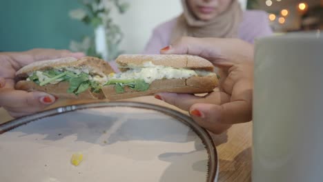 close-up of a halved sandwich held by hands