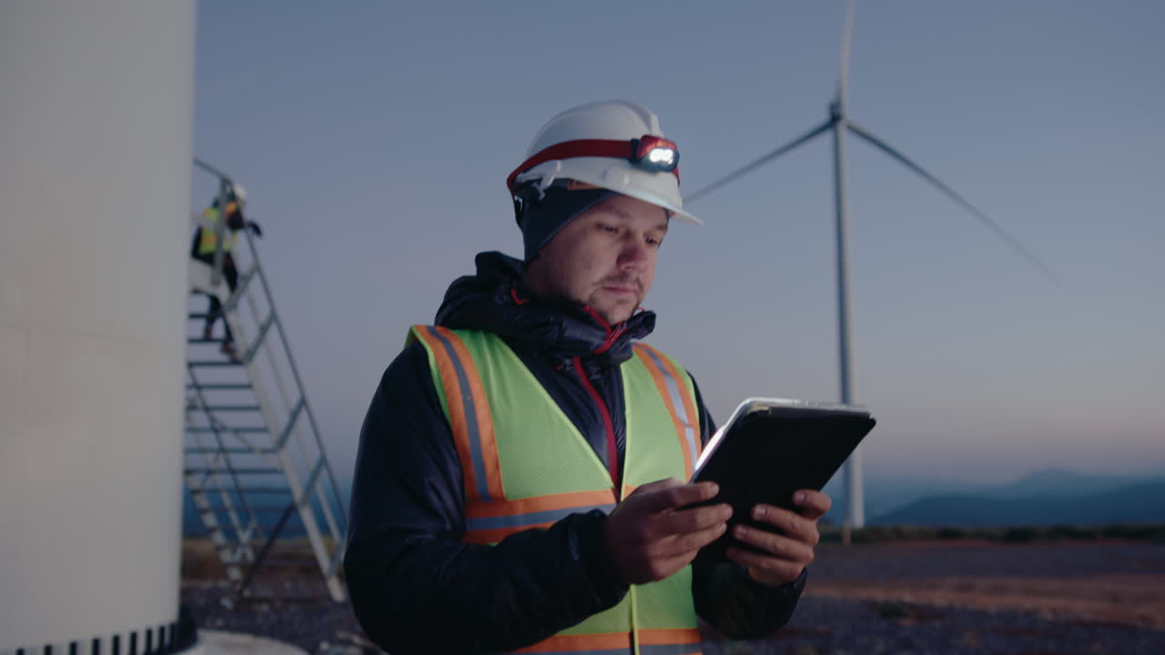 Wind Farm Technician Working with Digital Tablet