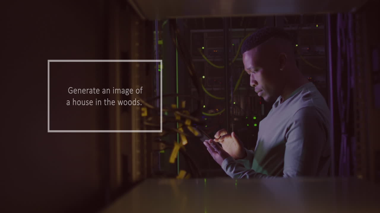 Animation of ai text, icons and male african american it engineer and computer servers