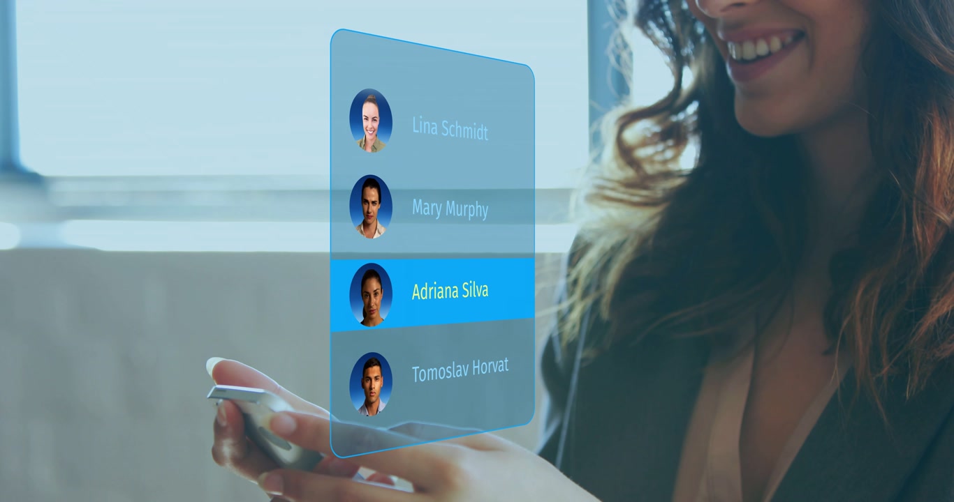 Woman bringing smartphone, scrolling holographic contacts, selecting Mary Murphy for business call