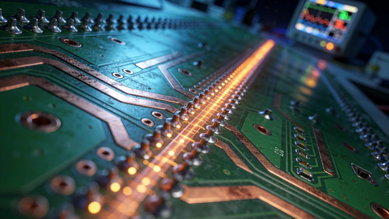 Orange pulse traveling along circuit board with camera pulling back, revealing pins, AI-generated