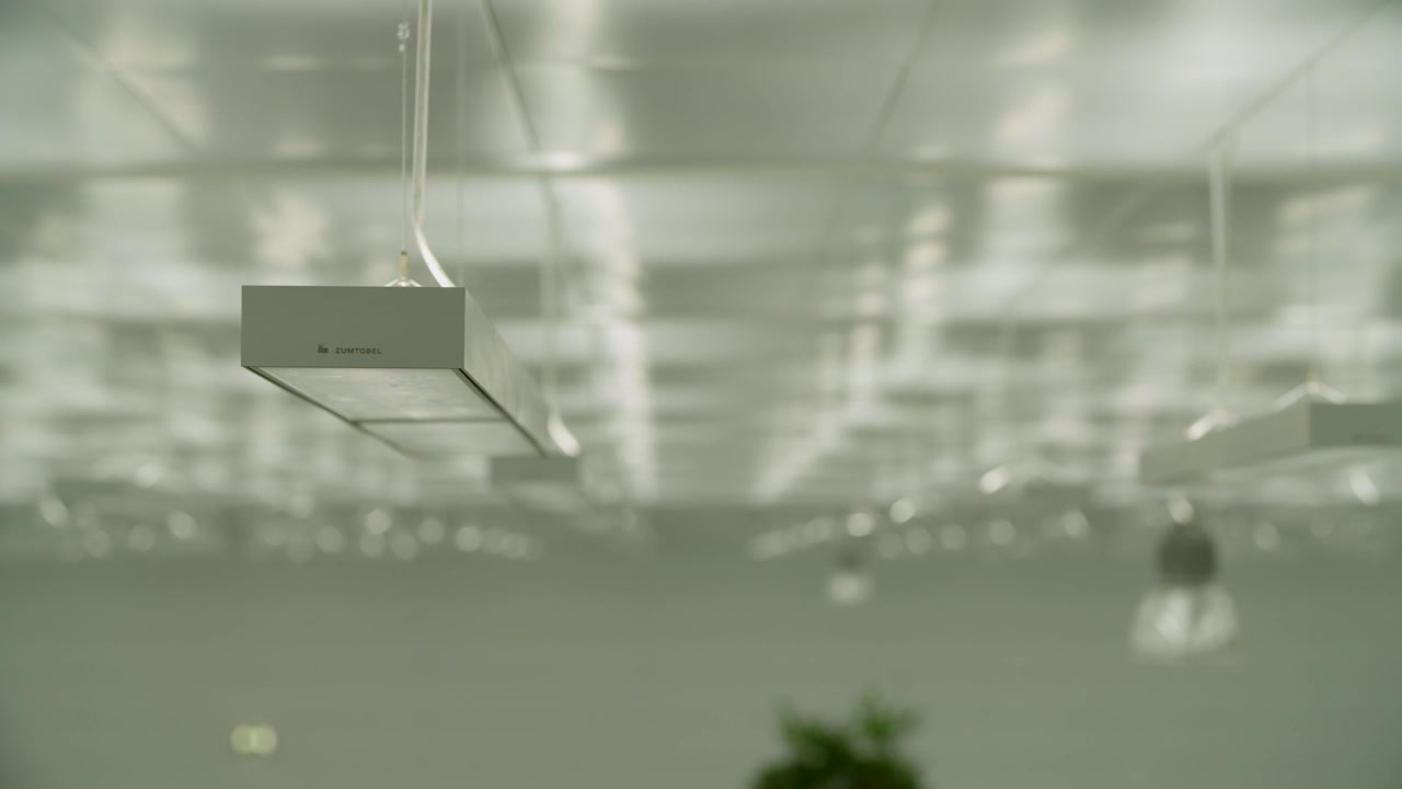 Modern suspended ceiling lights in focus with blurred background, office interior setting