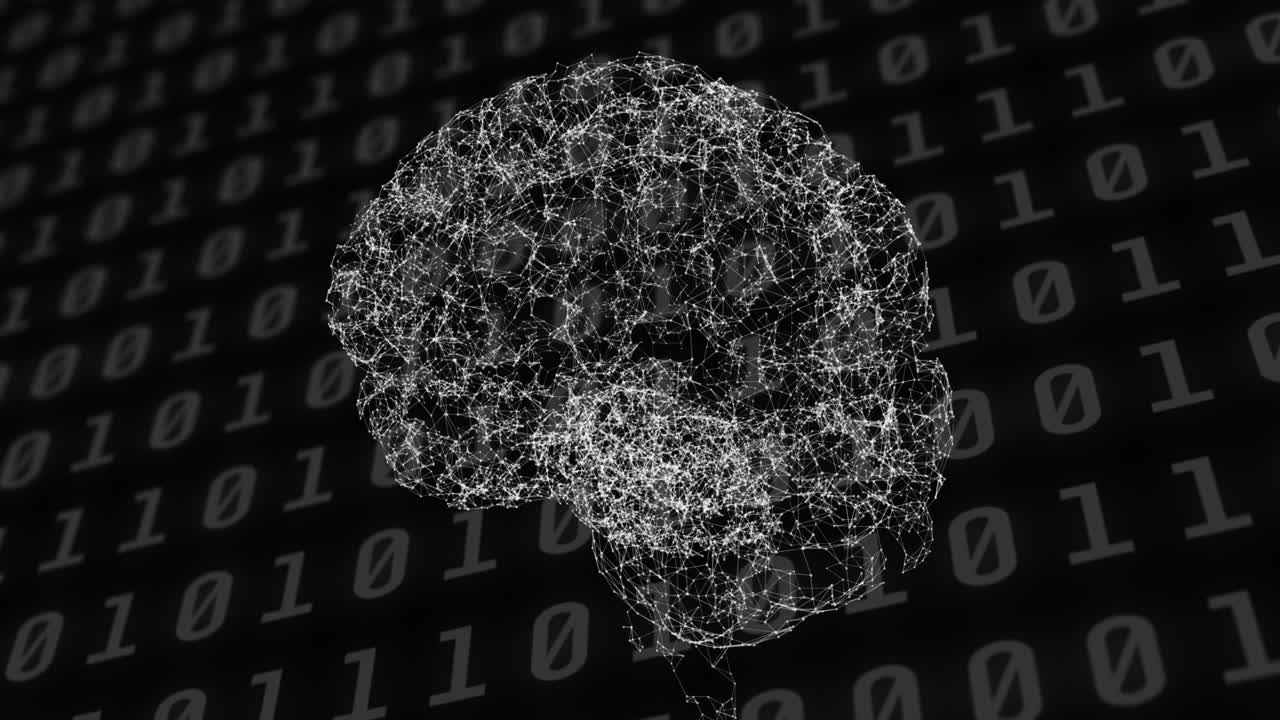 Spinning human brain against binary coding data processing on black background