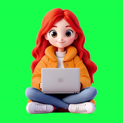 animated girl using laptop animation, transparent 4k video, green screen