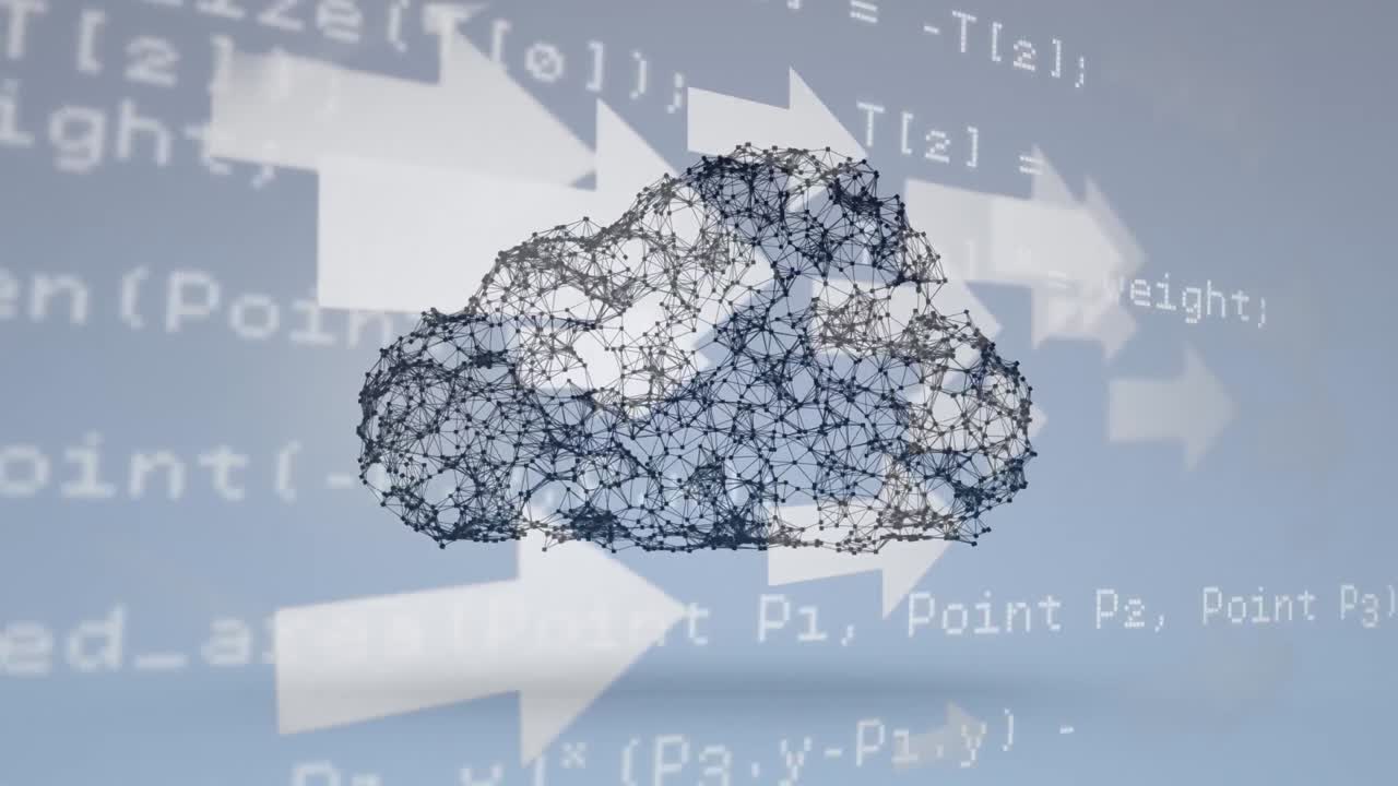 Animation of data processing over clouds and arrows