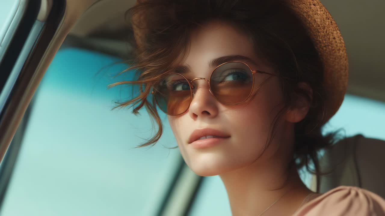 A young woman enjoying a road trip with vintage style