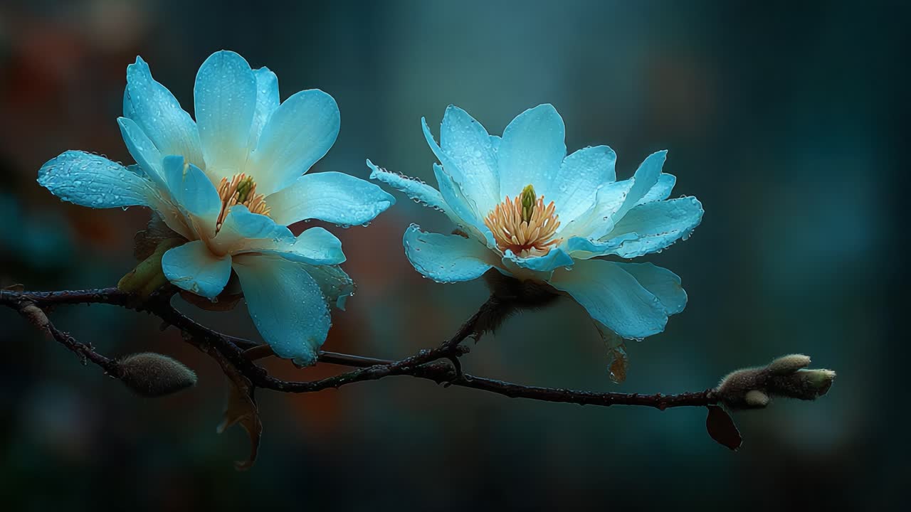 Delicate Blue Blossoms Glimmering with Fresh Dew in a Serene Natural Setting, Captured in Two Stages of Beauty and Elegance