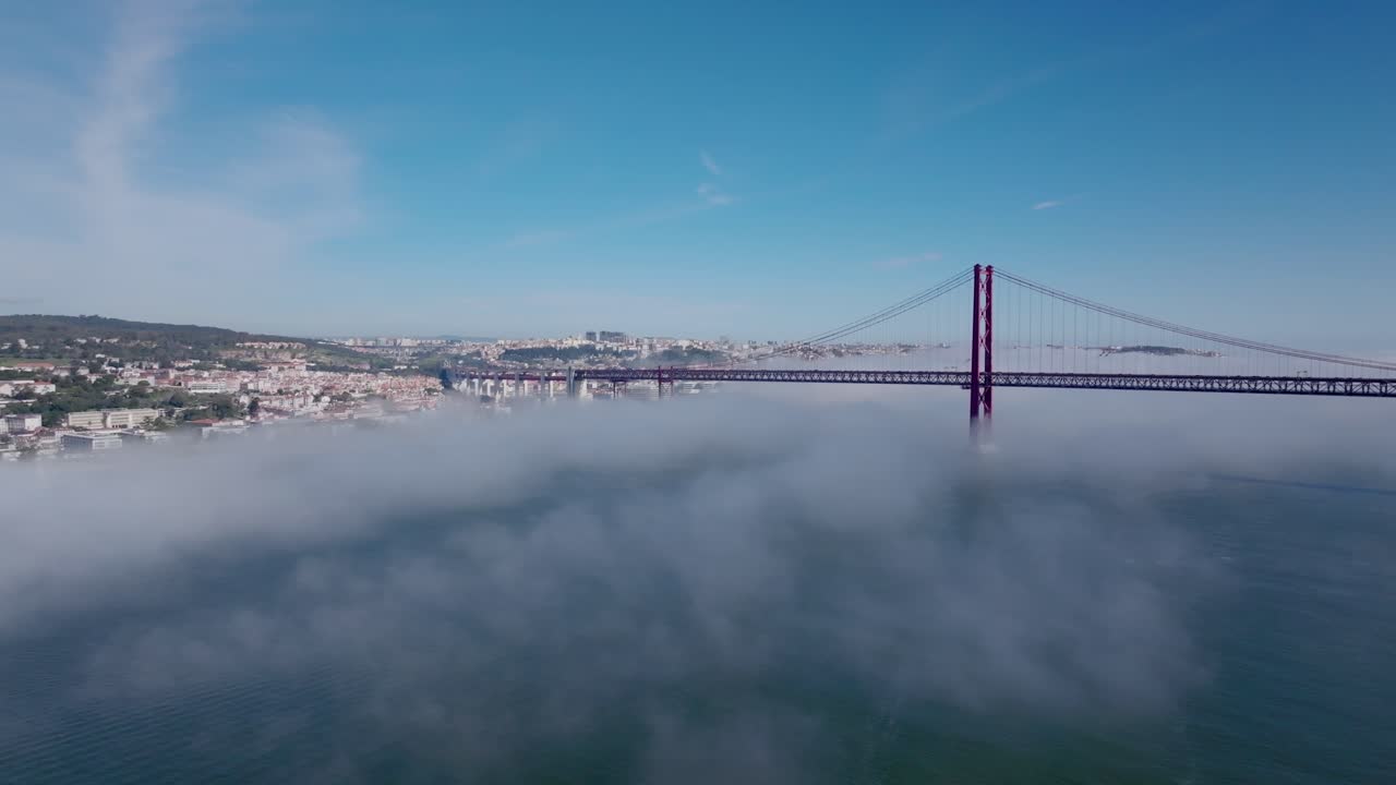Drone shot of the haze by the river in Lisbon.
