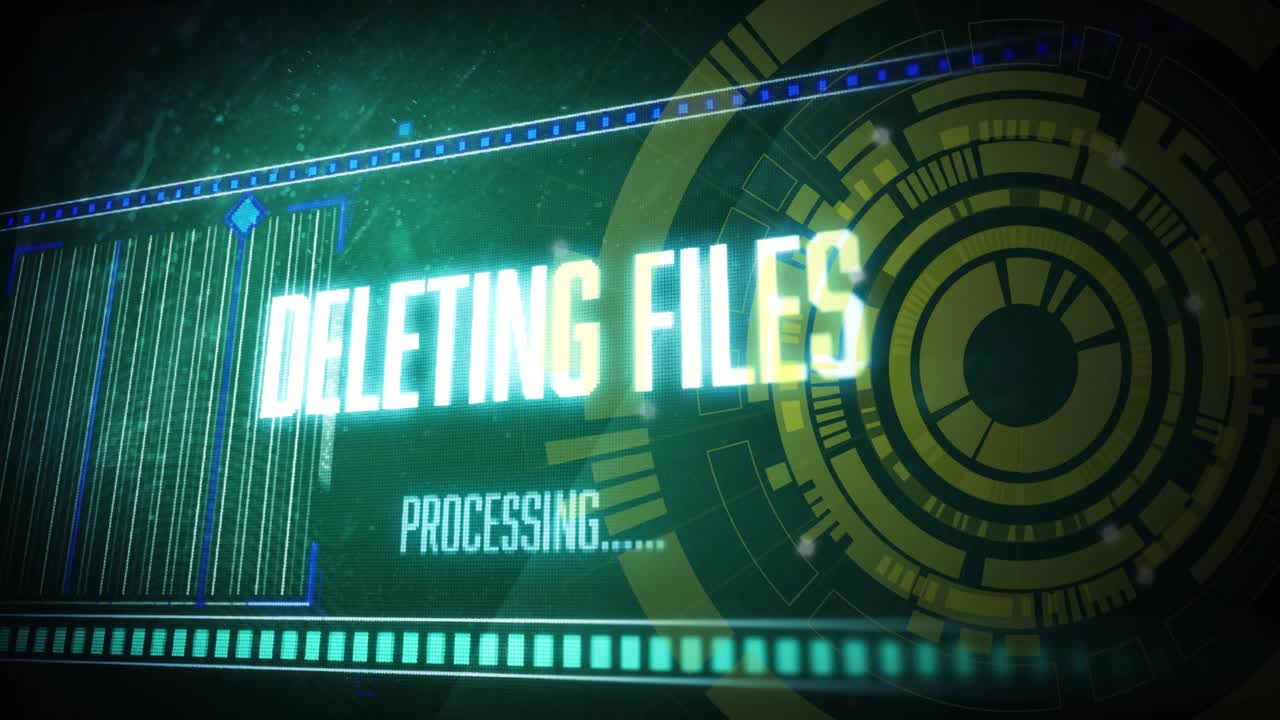 Caixa de digitalização varrendo, círculo girando, barra preenchendo, texto desaparecendo, visualizando o progresso da exclusão.