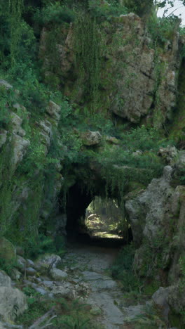 mysterious tunnel through overgrown rocks in a forest