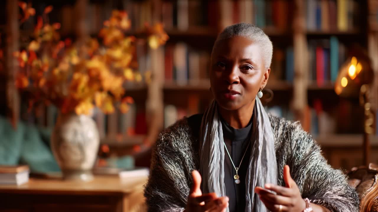 A Captivating Conversation: An Engaging Elder Woman with Graceful Presence Shares Her Wisdom Against a Warm, Cozy Library Backdrop Filled with Books and Autumn Decor