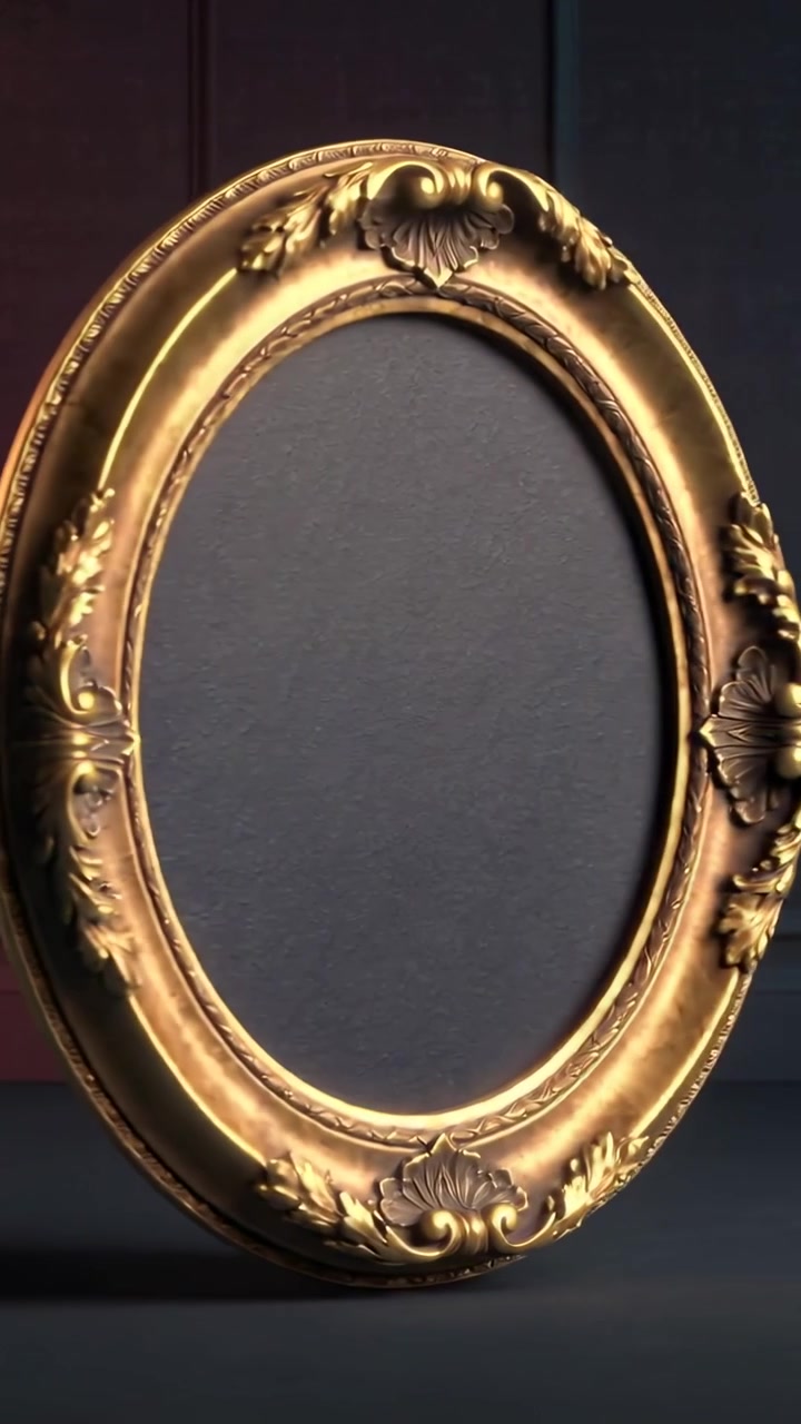 Vertical video: Rotating ornate gold oval frame, sequence starting on floor revealing carved motifs