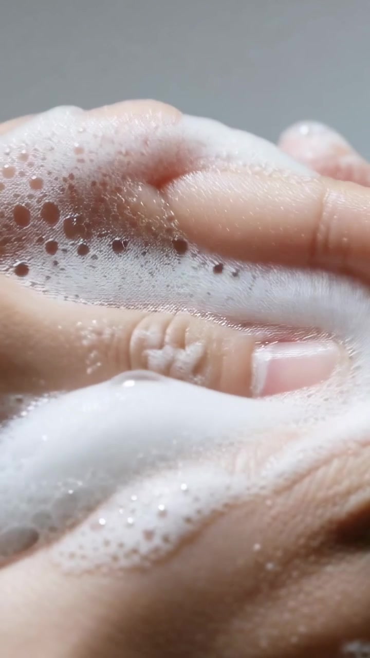 Vertical video: Cupping foam, adult hands rubbing at sink to clean hands, showing droplets