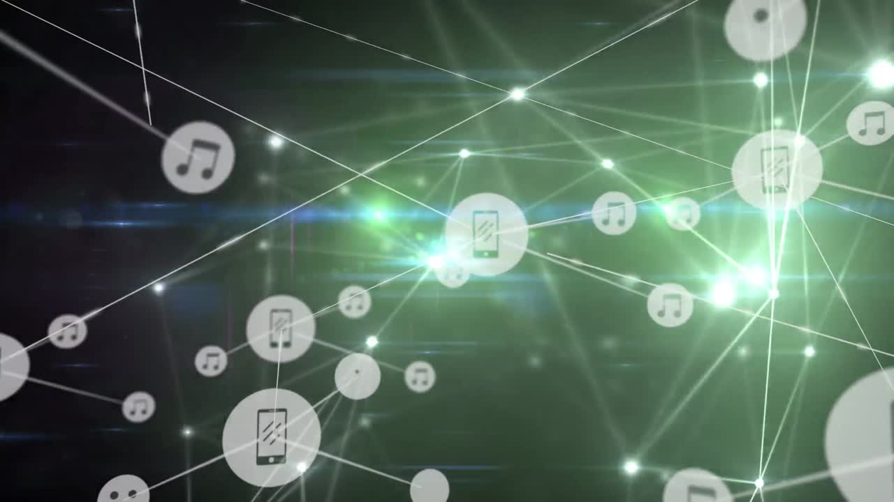 검은색 배경에 아이콘과 빛의 흔적을 가진 연결 네트워크의 애니메이션