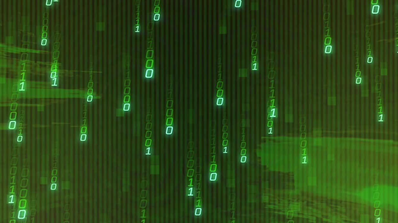 Neon green 0s and 1s appearing top, activating falling columns, glitch drifting right, showing data