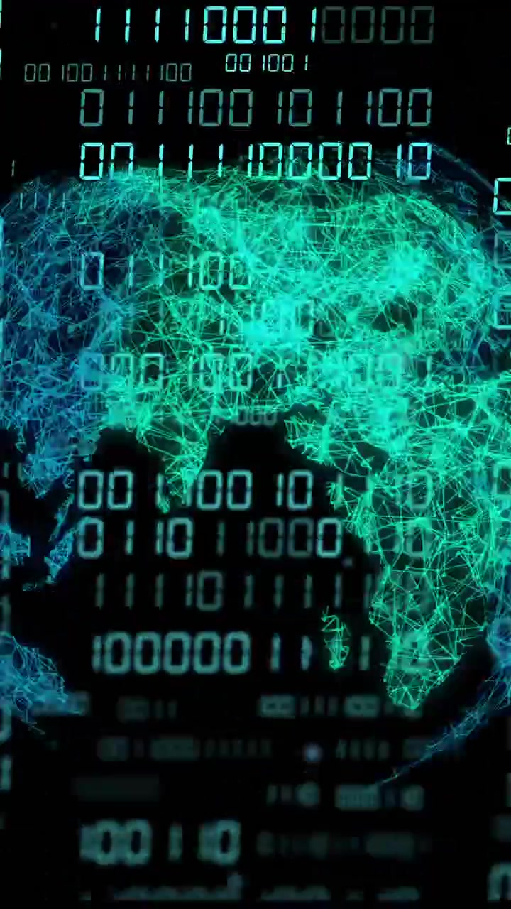 Animation of globe with binary coding and data processing over dark background