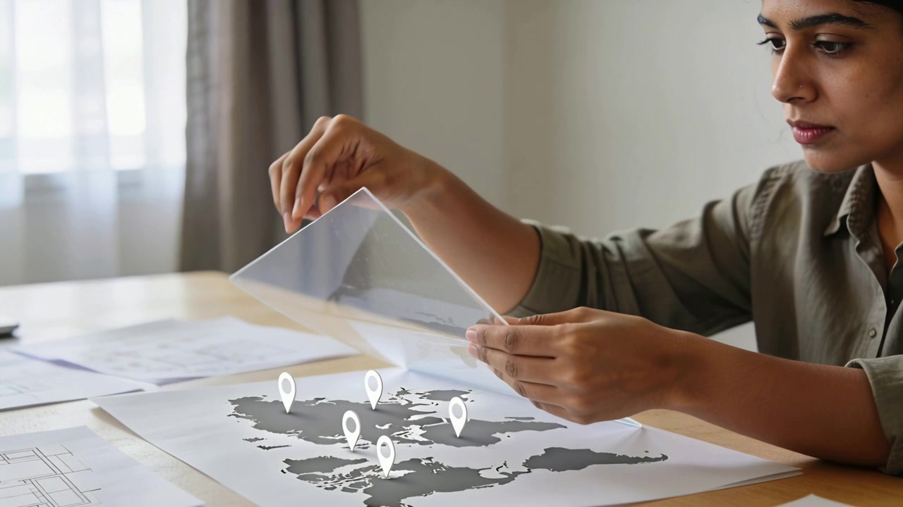 Lifting woman in olive shirt placing overlay on world map at desk matching pins, copy space