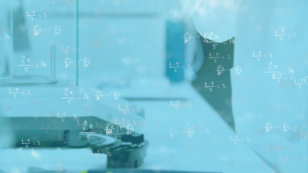 실험을 하는 백인 남성 과학자에 대한 수학적 방정식의 애니메이션