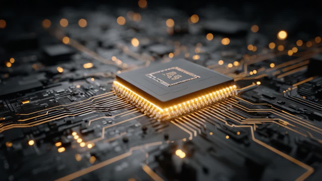 Et detaljeret nærbillede af et kredsløbskort med en prominent mikrochip, der viser designets kompleksitet og de levende forbindelser, der lyser op i baggrunden.