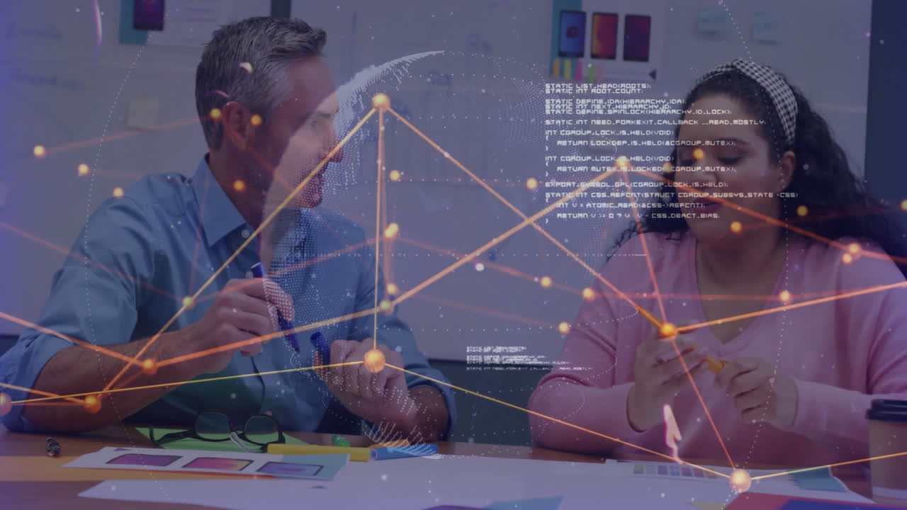 Discussing project with digital network overlay, diverse colleagues in office setting