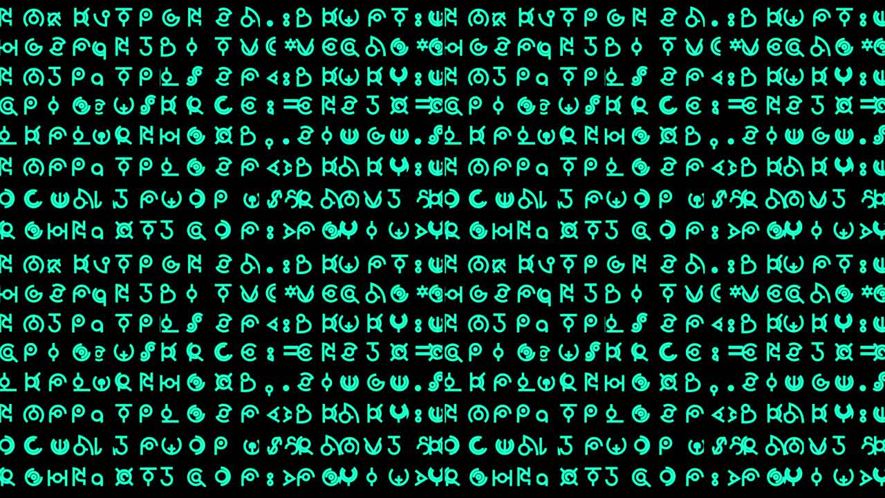 gráficos en movimiento con líneas de jeroglíficos de estilo alienígena y texto escrito que cambia rápidamente en secuencias aleatorias en fuente verde azulado de tamaño pequeño: ideal para contenido de reemplazo de pantalla