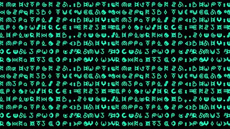 gráficos en movimiento con líneas de jeroglíficos de estilo alienígena y texto escrito que cambia rápidamente en secuencias aleatorias en fuente verde azulado de tamaño pequeño: ideal para contenido de reemplazo de pantalla