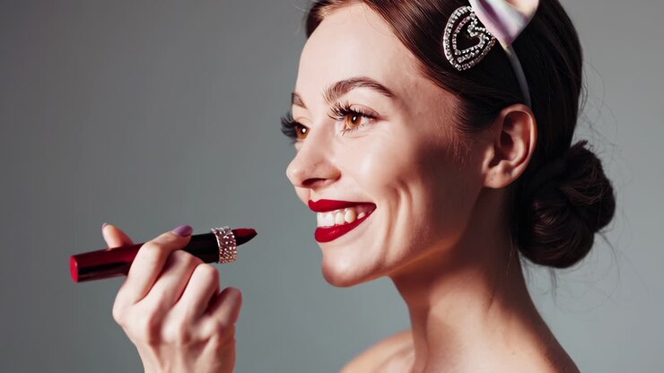 Schöne Frau trägt roten Lippenstift auf und präsentiert ihn