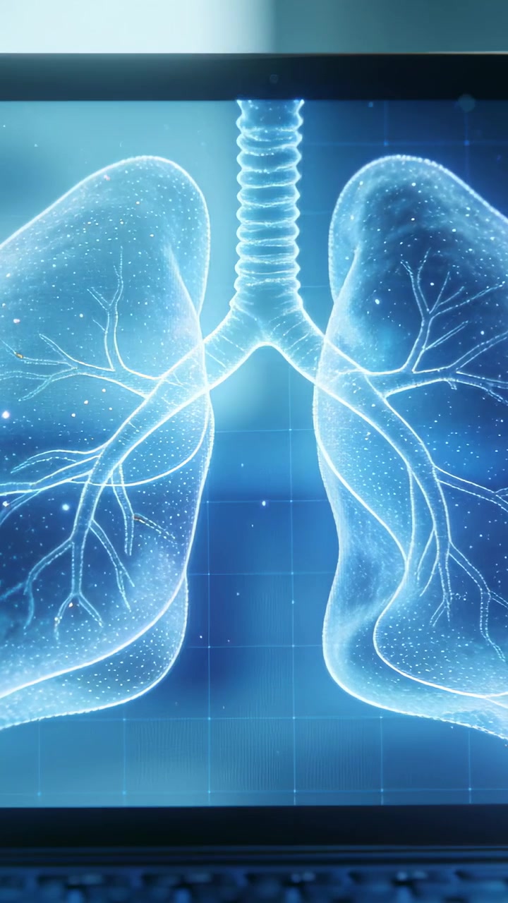 Video verticale: Telecamera che si sposta centrando un modello di polmone illuminato su un monitor in un laboratorio in penombra, concentrandosi sulla trachea