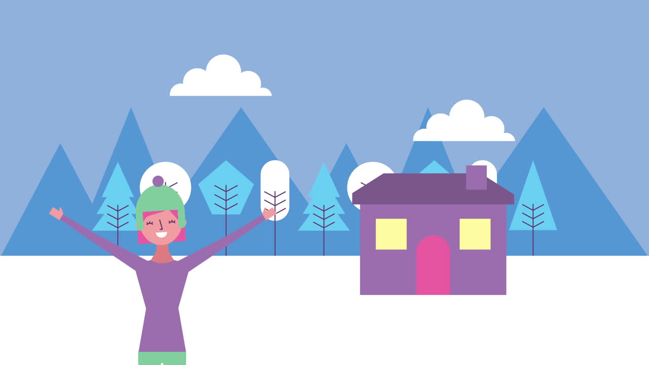 escena de paisaje de nieve de invierno con mujer y casa