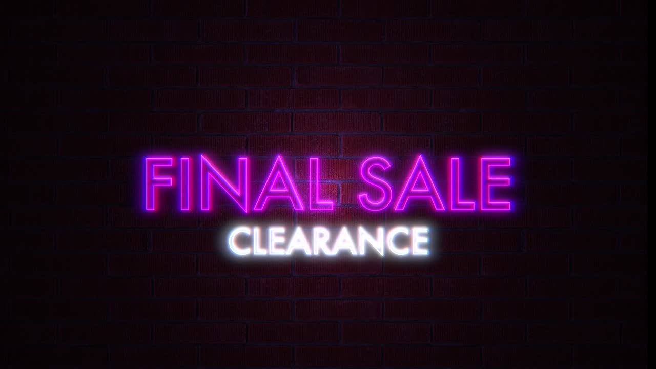 aclaramiento final de la venta luz de neón púrpura y blanca en la pared de ladrillo. pancarta de venta estilo de letrero de neón parpadeante, bucle. 4k