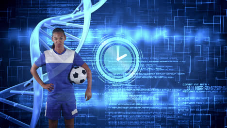 Animation-of-dna-strand-spinning-and-data-processing-over-female-football-player