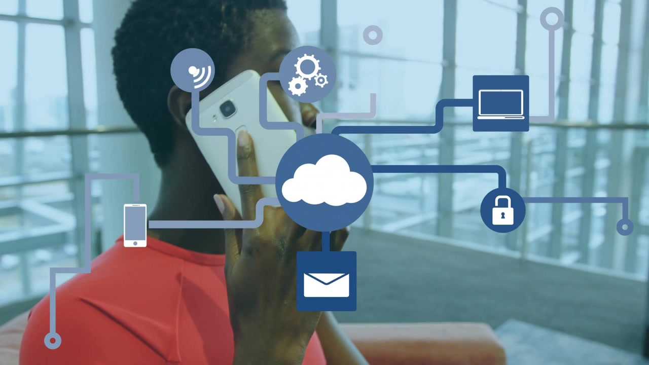 Blue circle forming cloud, sending lines while woman tapping, raising phone, showing secure link