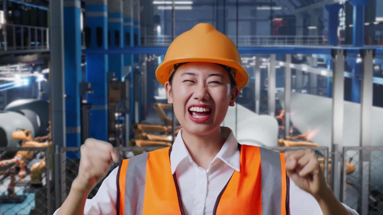 행복한 여성 엔지니어가 공장에서 성공을 축하하고 있습니다.