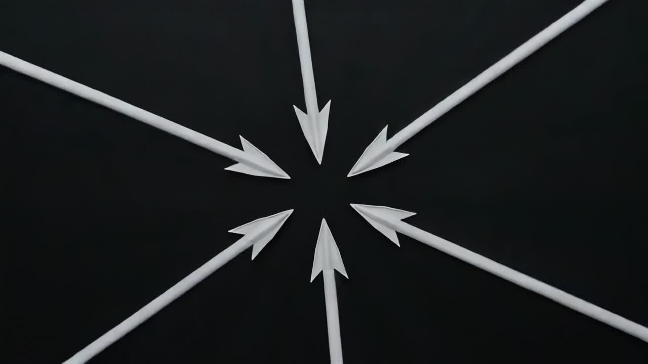 Rotating six white arrows around hexagonal void in black field, showcasing geometric symmetry