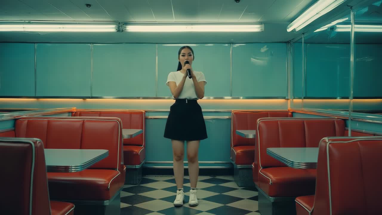 Female vocalist performing soulful musical number, standing on vintage diner stage, softly illuminated by ambient lighting, capturing nostalgic american performance moment