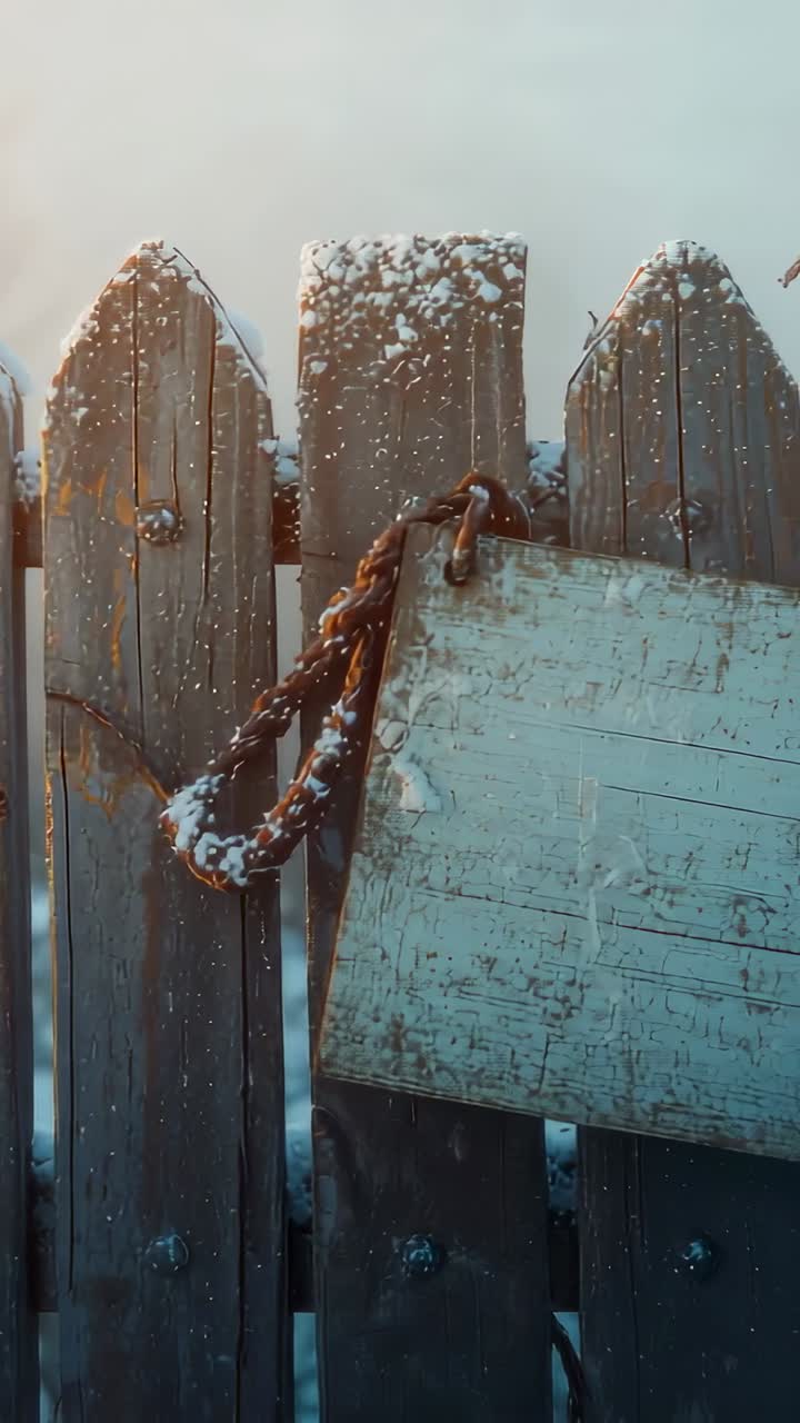 Vertical video: Swaying sign on picket fence by rope in backyard breeze, with falling snowflakes